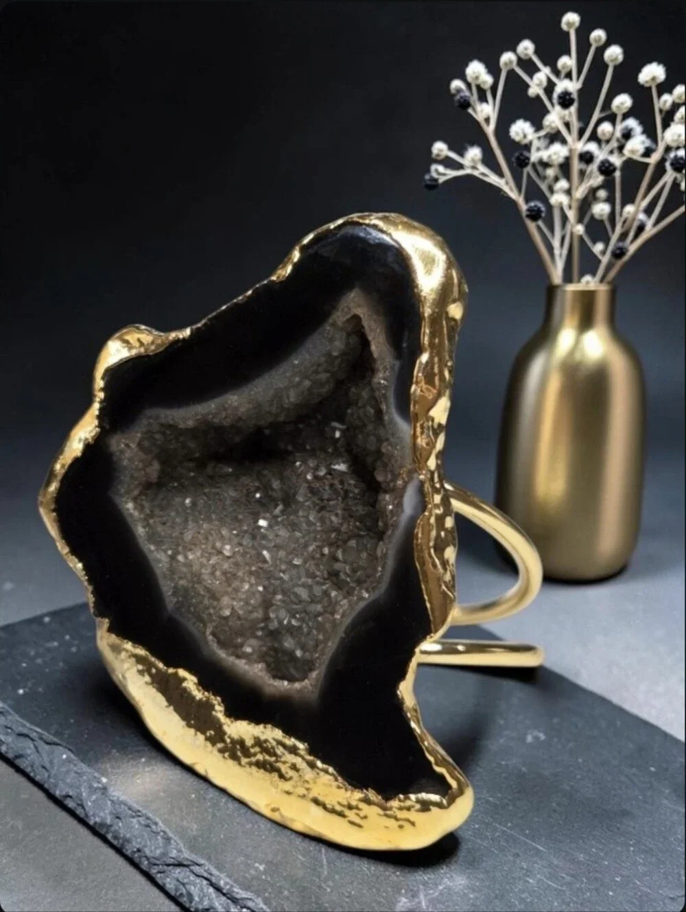 Incredible 18k Gold Plated Onyx Sugar Geode Druzy Agate Statement Ring